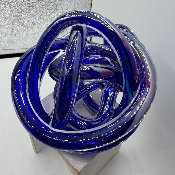 Hand Blown Dark Blue/Glossy "Tangled Knot" Abstract Art Glass Sculpture Paperwei - Picture 3 of 10